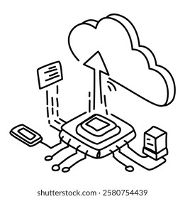 Line art illustration depicting Edge Computing, showcasing data processing happening locally on devices instead of relying solely on a centralized cloud. Perfect for technology blogs, presentations