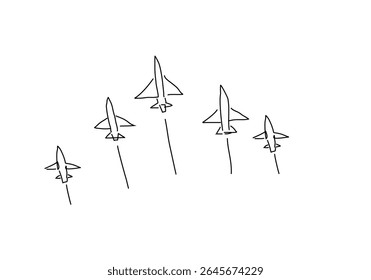  line art illustration depicting five fighter jets in flight. 