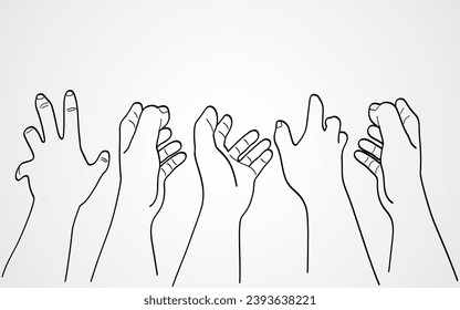 Line art illustration depicting hands reaching out for help, conveying a sense of pleading, asking for assistance, or expressing a worship concept