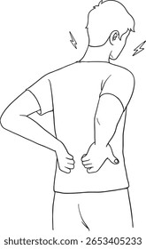 Ilustração da arte da linha retratando um homem que experimenta dor nas costas e dor no pescoço, segurando sua parte inferior das costas com uma mão, enquanto a outra toca seu pescoço. A imagem transmite desconforto e tensão muscular.