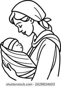 Ilustração da arte da linha retratando uma mãe carregando ternamente seu bebê recém-nascido envolto em um cobertor de amor e cuidado.