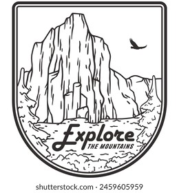Line art illustration depicting a mountainous landscape for outdoor enthusiasts and nature-themed projects. Elegantly simple and evocative design.