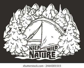 Line art illustration depicting a peaceful camping scene nestled among towering mountains and lush trees, evoking the serene essence of nature and the outdoors.
