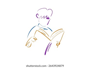 line art illustration depicting a person with colored hair engrossed in reading an open book