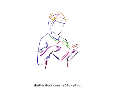 line art illustration depicting a person with colored hair engrossed in reading an open book
