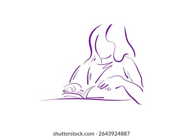 line art illustration depicting a person with colored hair engrossed in reading an open book