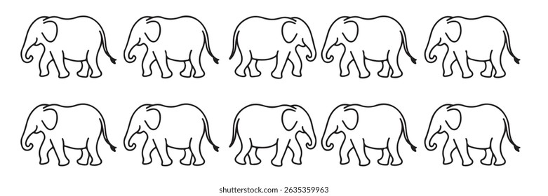 Uma ilustração de arte retratando um padrão repetitivo de oito elefantes que caminham