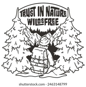 Line art illustration depicting a serene outdoor camping scene with a backpack. Surrounded by forest trees.