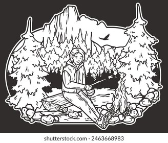 Line art illustration depicting a serene camping scene in the mountains, featuring a camper sitting by a fire surrounded by wild forest and a majestic mountain backdrop.