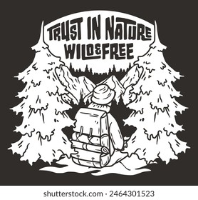 Line art illustration depicting a serene outdoor camping scene with a backpack. Surrounded by forest trees.