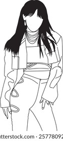 Line art illustration depicting a stylishly dressed woman with a contemporary fashion aesthetic, emphasizing her long hair and modern outfit.