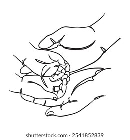 A line art illustration depicting two adult hands gently holding two baby hands, drawn with clean, minimal strokes and no color. The drawing captures the tender connection between generations