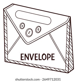 A line art illustration depicts a closed envelope with a dark brown outline against a white background. 