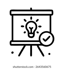 A line art illustration depicts a flip chart displaying a lightbulb, symbolizing a brilliant idea, with an approved checkmark.
