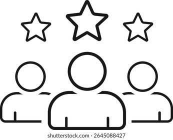 Line art illustration depicts three faceless, outline-style people icons with simple bodies, arranged beneath three five-pointed stars, on a white background.