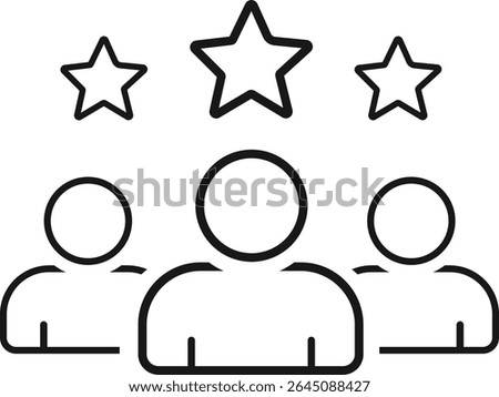 Line art illustration depicts three faceless, outline-style people icons with simple bodies, arranged beneath three five-pointed stars, on a white background.