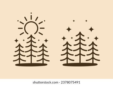 Line art illustration design of pine trees in vintage color and style