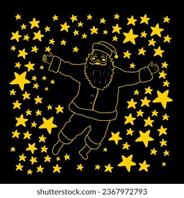 line art illustration design of Santa with stars around him on a black background