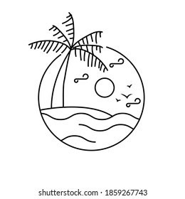 Line art illustration design sunset on the beach isolated on white background