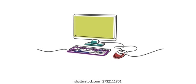 Ilustração de arte em linha de um desktop com monitor, teclado e mouse. Linha contínua desenhada à mão representando tecnologia, espaço de trabalho, trabalho de escritório e estilo de vida digital.