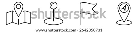 Line art illustration of different map location icons including map pin, flag, GPS pointer, and circular drop pin, ideal for navigation apps, travel guides, and vector UI design templates.