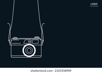 Line art illustration of a digital camera with a hanging rope on a blue background.