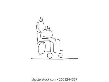 line art illustration of a disabled elderly person in a wheelchair, symbolizing care, support, and compassion