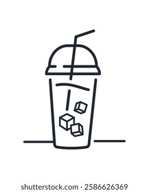 Line art illustration of a disposable plastic cup with a domed lid, filled with a cold drink and ice cubes. A drinking straw pierces the lid. Simple, minimalist black outline on a white background. 