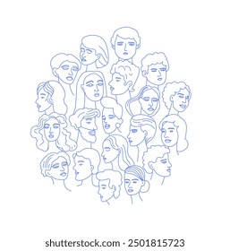 Line art illustration of a diverse group of people. Variety of individuals, including multicultural and gender-neutral characters. The simple, linear design captures a contemporary portrait style