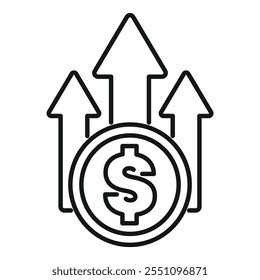 Ilustración de arte lineal de una moneda de dólar que aumenta de valor, con tres flechas hacia arriba