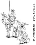 Line art illustration of Don Quixote and Sancho Panza isolated on white background.