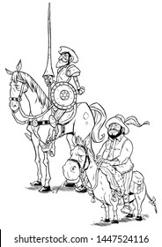 Line art illustration of Don Quixote and Sancho Panza isolated on white background.