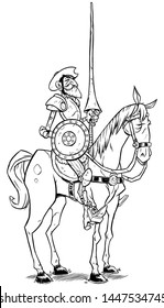 Line Art Illustration von Don Quixote der Mancha einzeln auf weißem Hintergrund.