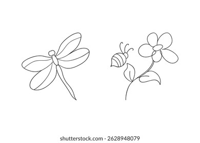 Ilustração da arte da linha de uma abelha e flor da libélula isolada no fundo branco