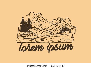 Line art illustration drawing of mountain lake camping design