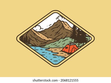 Line art illustration drawing of mountain lake camping design