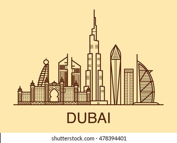 Line art illustration of Dubai in warm colors.