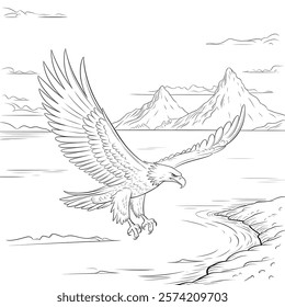 a line art illustration Eagle flying  coloring page 