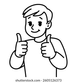 Line art illustration  with editable stroke of a smiling young man giving two thumbs up. Minimalist black and white cartoon style. Symbol of positivity, approval, support, and motivation.