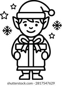 Line art illustration of an elf holding a gift with stars and snowflakes
