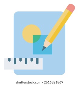 A line art illustration of an engineering plan with a pencil, ruler, circle, and square on a white background