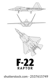 Line art illustration of an F-22 Raptor fighter jet. The jet is depicted in three different views