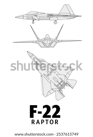 Line art illustration of an F-22 Raptor fighter jet. The jet is depicted in three different views