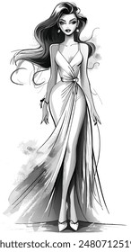 Line Art Illustration of Fashion Model in Origami Style White Haute Couture Dress and High Heels, Monochrome Vector Style