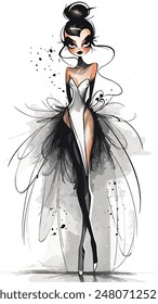 Line Art Illustration of Fashion Model in Origami Style White Haute Couture Dress and High Heels, Monochrome Vector Style