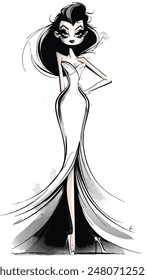 Line Art Illustration of Fashion Model in Origami Style White Haute Couture Dress and High Heels, Monochrome Vector Style