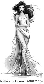 Ilustración de arte de línea de modelo de moda en estilo de origami blanco vestido de alta costura y tacones altos, estilo de Vector monocromo