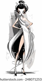 Ilustración de arte de línea de modelo de moda en estilo de origami blanco vestido de alta costura y tacones altos, estilo de Vector monocromo