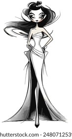 Line Art Illustration of Fashion Model in Origami Style White Haute Couture Dress and High Heels, Monochrome Vector Style