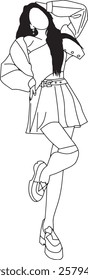 Line art illustration of a fashionable woman in a pose showcasing trendy casual attire. Ideal for themes of fashion sketches, apparel design inspiration, or outline-based creative projects